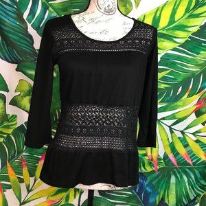 Guc Charming Charlie Womens Small Black Lace Inset Office Work 3/4 Sleeve Blouse